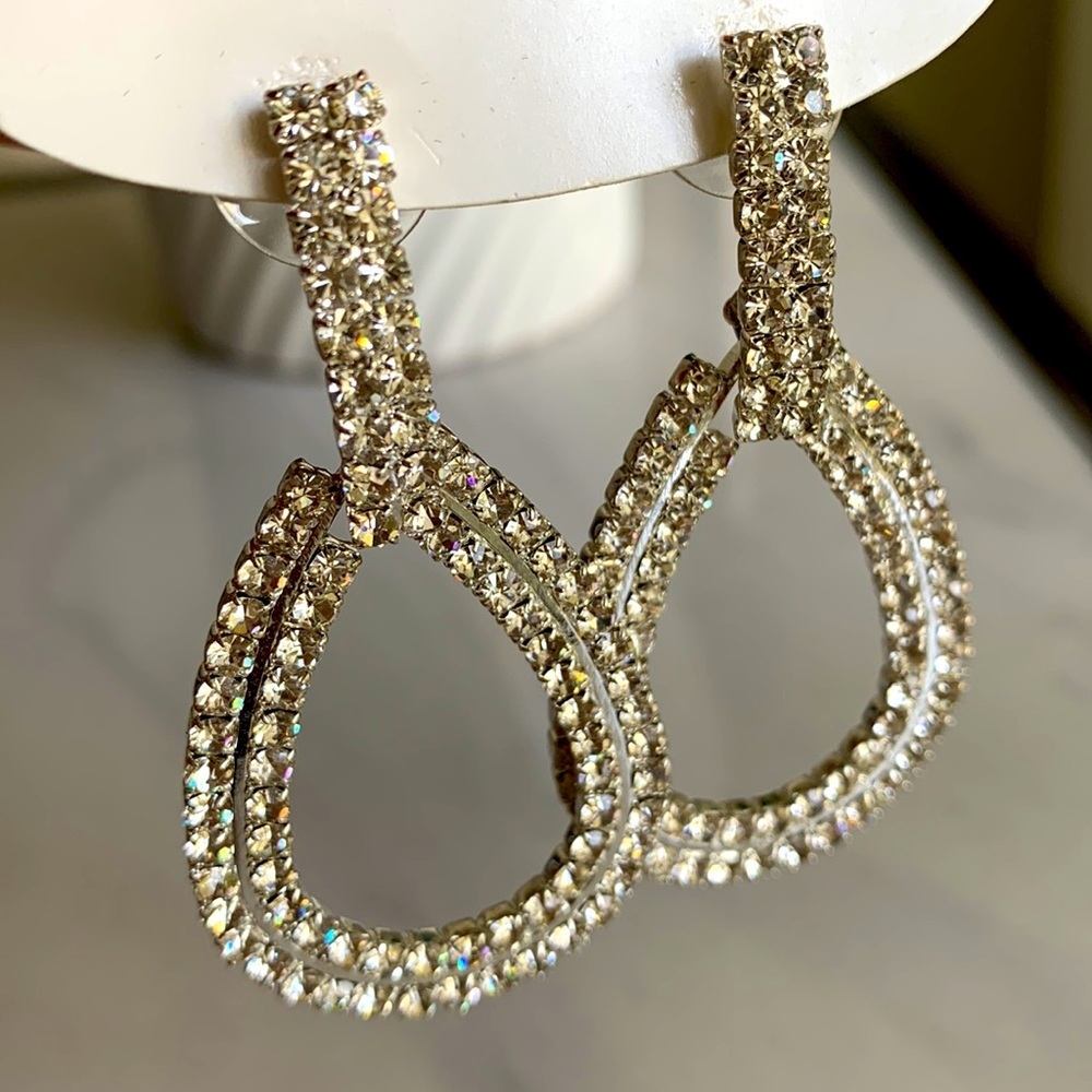 J. Dew Crystal Drop Earrings Silver Tone Large - Picture 5 of 8